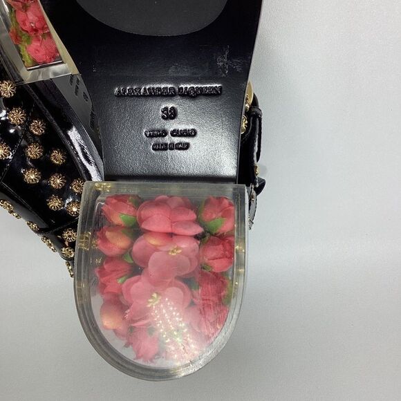 Alexander McQueen Runway Black Leather Ankle Boots with Floral Block Heels - Picture 13 of 17